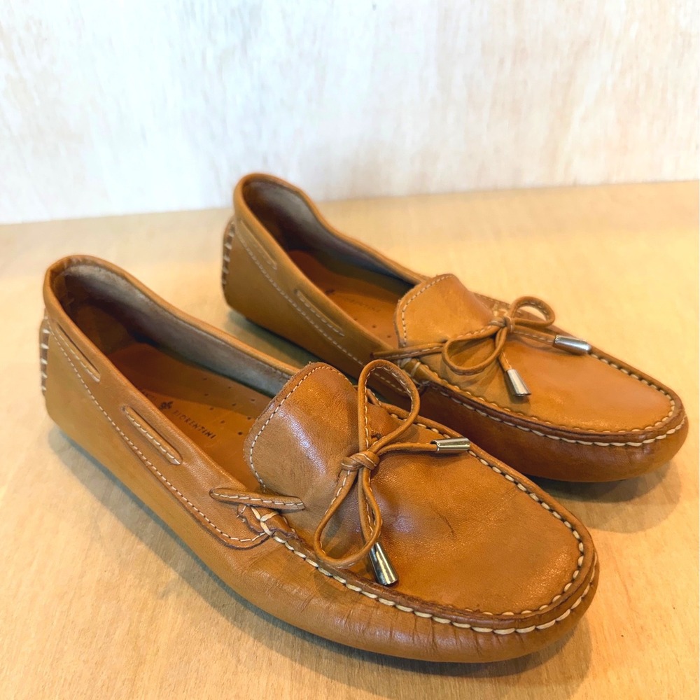 Mercanti Fiorentini Womens 7 Tan Leather Bow Driving Loafers MF-3200 Preppy